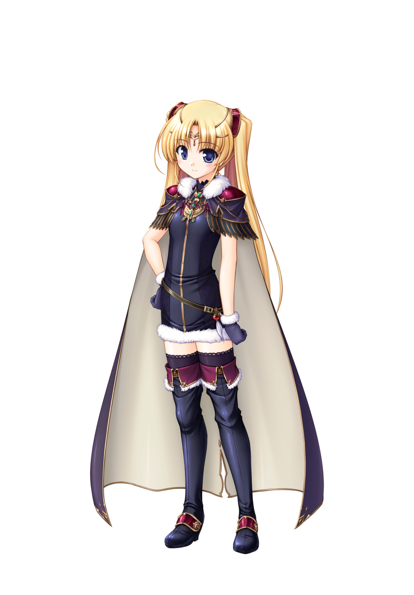 aiyoku_no_eustia bekkankou belt black_gloves blonde_hair blue_eyes boots cape closed_mouth dress earrings female full_body fur_trim gloves hand_on_own_hip highres jewelry licia_de_novus_yurii long_hair looking_at_viewer loose_belt official_art short_dress smile solo standing tachi-e thigh_boots thighhighs tiara transparent_background twintails