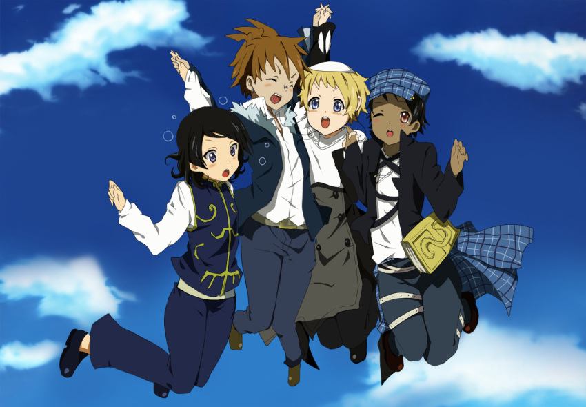 4boys :d :o ;d ^_^ arms_up belt black_hair blonde_hair blue_eyes blush book brown_hair buttons chinese_clothes closed_eyes cloud commentary_request dark-skinned_male dark_skin day everyone falling fur_trim giriko_(soul_eater) gopher_(soul_eater) hat holding_hands interlocked_fingers jacket justin_law k-on! male_focus multiple_boys noah_(soul_eater) one_eye_closed open_clothes open_jacket open_mouth outdoors pants parody pink_eyes plaid round_teeth scared shoes skullcap sky smile soul_eater spiked_hair sweatdrop teeth vest walice