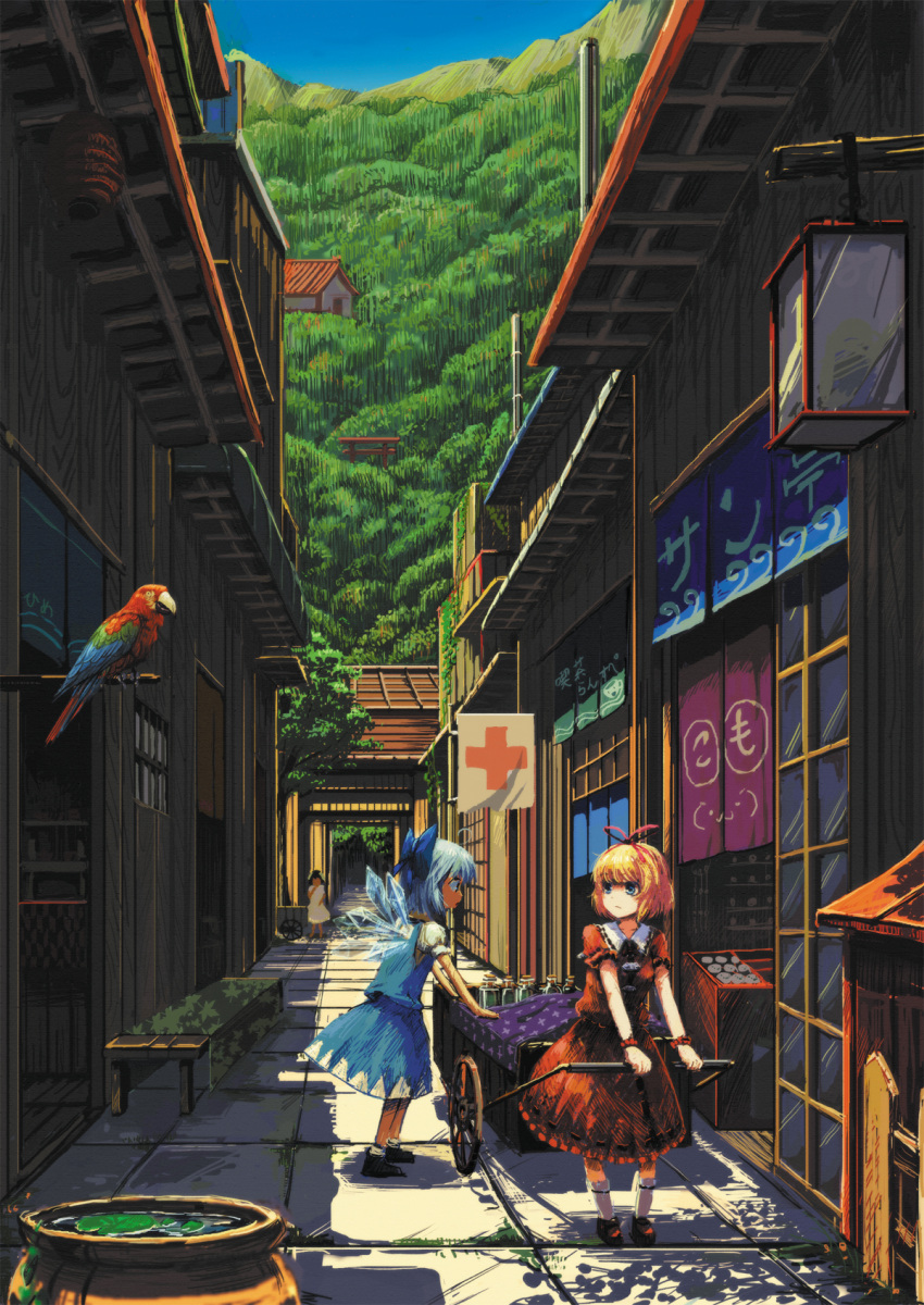 3girls :3 animal bird blue_eyes blue_hair blush cart cirno commentary_request cross day dress forest highres inaba_tewi jar macaw medicine_melancholy multiple_girls nature outdoors parrot pullcart ranka_(tonbo) red-and-green_macaw red_cross revision road scenery short_hair street torii touhou vanishing_point wings