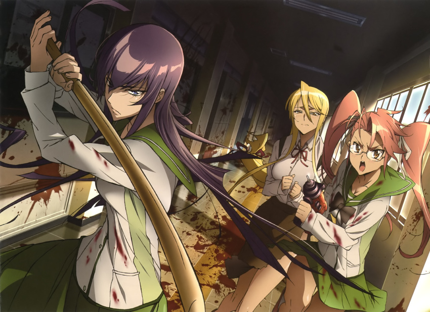 blood busujima_saeko highschool_of_the_dead marikawa_shizuka megane seifuku takagi_saya