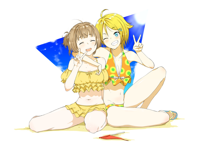 2girls ;) ^_^ ahoge arm_around_neck bad_id bad_twitter_id bare_shoulders bikini blonde_hair blue_eyes blue_sky blush bouen braid breasts brown_hair closed_eyes cloud cloudy_sky collarbone commentary_request day facing_viewer flag flip-flops french_braid frilled_bikini frills grin hair_flaps hair_ornament hairclip hand_up highres knee_up light_rays looking_at_another multiple_girls navel nonohara_hime one_eye_closed one_side_up open_mouth sandals short_hair sitting sky small_breasts smile sunbeam sunlight swimsuit teeth thighs tokyo_7th_sisters tsunomori_rona v