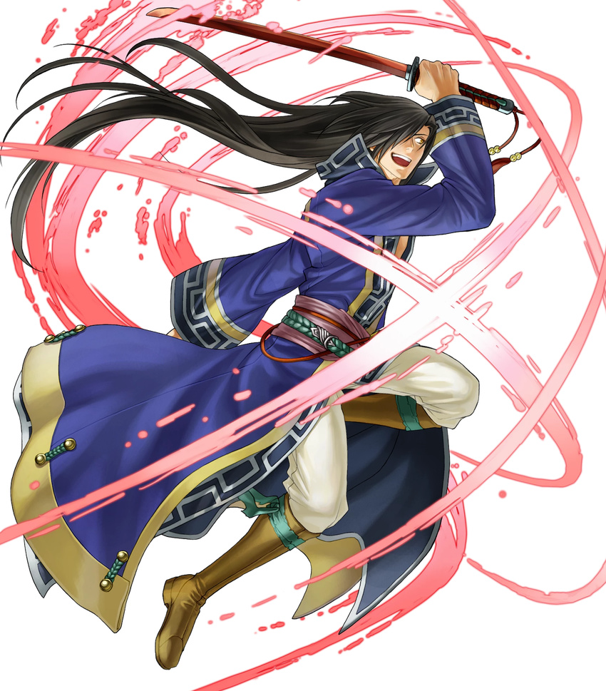 1boy boots brown_hair coat crazy_smile fire_emblem fire_emblem:_the_blazing_blade fire_emblem_heroes full_body hair_over_one_eye highres karel_(fire_emblem) kita_senri long_coat long_hair male_focus official_art open_mouth smile solo sword teeth transparent_background very_long_hair weapon yellow_eyes