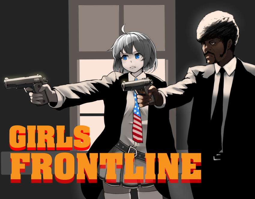 1boy afro ahoge aiming american_flag american_flag_print belt between_breasts black_hair blue_eyes breasts closed_mouth coat collared_shirt commentary copyright_name crossover dark_skin english_commentary female finger_on_trigger fingernails flag_print girls'_frontline grey_hair gun handgun highres holding holding_gun holding_weapon jacket jules_winnfield kion-kun lips logo_parody long_sleeves m1911 m1911_(girls'_frontline) necktie necktie_between_breasts open_clothes open_coat parody pleated_skirt pulp_fiction samuel_l._jackson serious shirt short_hair skirt spot_color star_model_b thighhighs very_dark_skin weapon window wing_collar