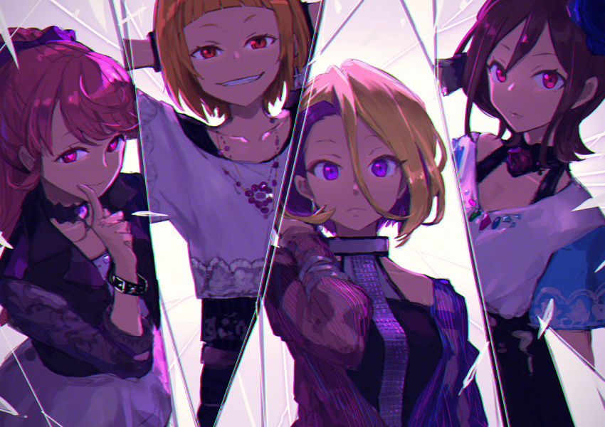 4girls arm_belt black_skirt blonde_hair bow brown_hair commentary_request earrings echizen_murasaki flower grin hair_between_eyes hairbow hand_up heart heart-shaped_pupils holysnow index_finger_raised jacket jewelry long_sleeves looking_at_viewer mimori_matsuri multiple_girls photoshop_(medium) ponytail purple_eyes purple_flower purple_rose red_eyes red_hair rose sakaiya_yumeno seto_ferb shirt skirt smile symbol-shaped_pupils tokyo_7th_sisters white_shirt