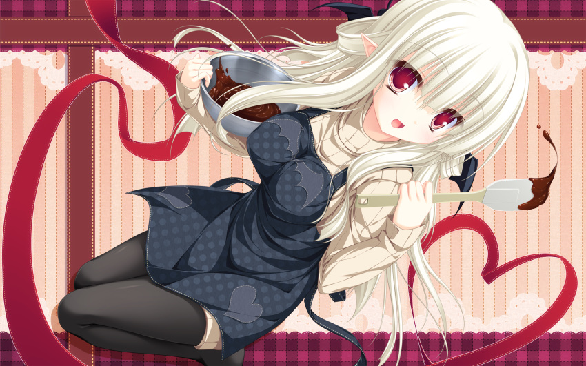 :d apron bat_wings black_pantyhose blonde_hair bowl breasts chocolate dutch_angle female filia_(lunaris_filia) heart heart_of_string highres large_breasts long_hair looking_at_viewer lunaris_filia mikagami_mamizu open_mouth pantyhose pointy_ears red_eyes sitting smile solo spatula sweater turtleneck wariza white_hair wings