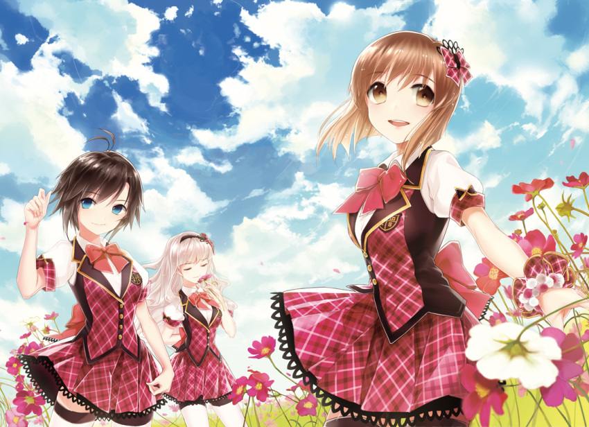 3girls :d antenna_hair arm_at_side arm_behind_back back_bow bad_id bad_pixiv_id bare_arms black_hair blue_eyes blue_sky blush bow bowtie breasts brown_eyes brown_hair closed_eyes closed_mouth cloud collared_shirt cosmos_(flower) cowboy_shot day field flower flower_field hagiwara_yukiho hairband hairbow hand_up holding holding_flower idolmaster idolmaster_(classic) joypyonn kikuchi_makoto lace lace-trimmed_skirt lace_trim long_hair looking_at_viewer looking_away medium_breasts miniskirt multiple_girls nature open_mouth outdoors parted_lips petals photoshop_(medium) pink_flower plaid plaid_skirt plaid_vest pleated_skirt puffy_short_sleeves puffy_sleeves purple_flower red_bow red_bowtie red_flower red_skirt red_vest scrunchie shijou_takane shirt short_sleeves skirt sky small_breasts smelling_flower smile standing thighhighs uniform vest white_flower white_hair white_legwear white_shirt wind wrist_scrunchie zettai_ryouiki