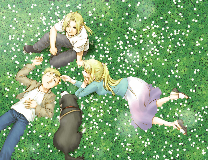 2boys alphonse_elric blonde_hair commentary_request den_(fma) edward_elric female field flower flower_field fullmetal_alchemist happy highres long_hair multiple_boys nenone_miya winry_rockbell