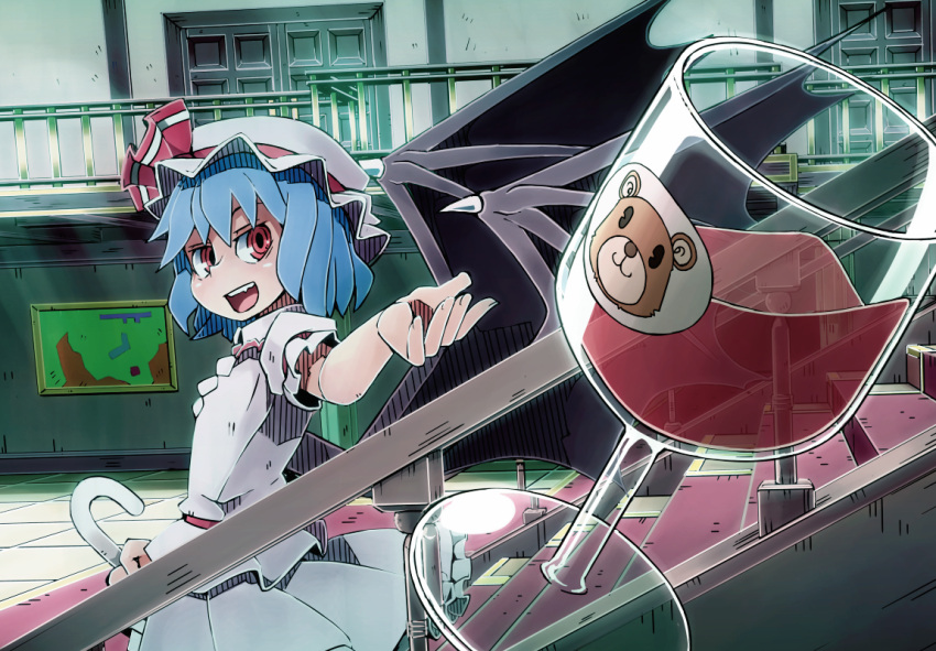 alcohol bad_id bad_pixiv_id bat_wings blue_hair cup d@i door dress drinking_glass female glass hat open_mouth outstretched_arm perspective red_eyes remilia_scarlet ribbon ringed_eyes short_hair smile solo stairs touhou umbrella wine wine_glass wings