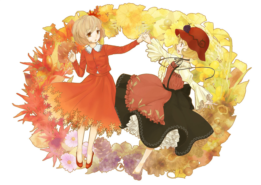 2girls :o acorn aki_minoriko aki_shizuha apron arm_up barefoot berry blonde_hair brown_eyes chestnut commentary_request dress flower food food-themed_clothes fruit full_body grapes grass hair_ornament hat holding_hands interlocked_fingers leaf leaf_hair_ornament long_sleeves looking_at_another maple_leaf multiple_girls open_hand open_mouth outstretched_arms ozawa petticoat pinecone profile puffy_sleeves ribbon rice shirt shoes short_hair siblings sisters skirt touhou white_background wreath