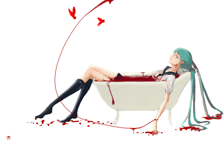 aqua_eyes aqua_hair bath bath_of_blood bathtub black_socks blood clothed_bath commentary_request female hatsune_miku highres long_hair looking_at_viewer no_shoes open_clothes open_shirt partial_commentary photoshop_(medium) school_uniform serafuku shirt skirt socks solo very_long_hair vocaloid wet wet_clothes yoruki_yuu