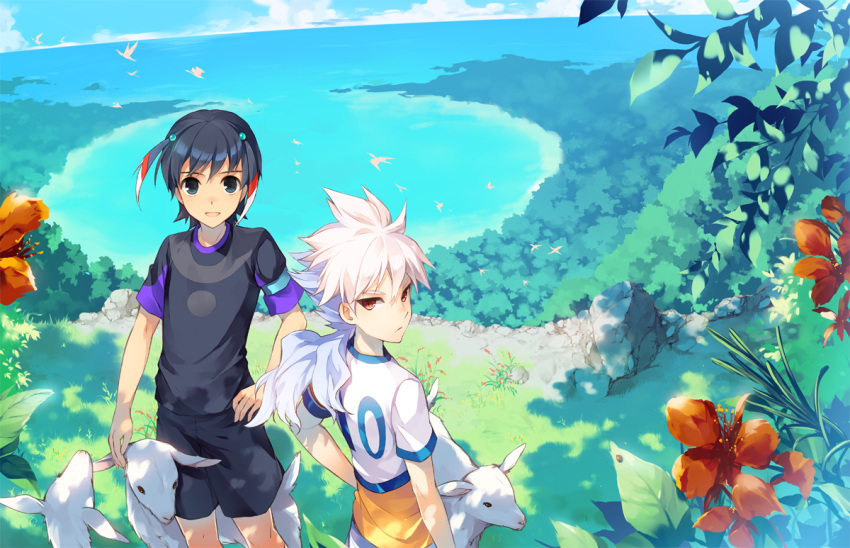 2boys ancient_dark beach black_hair blue_hair cloud commentary_request day flower goat hair_ornament hakuryuu_(inazuma_eleven) inazuma_eleven_(series) inazuma_eleven_go island long_hair multicolored_hair multiple_boys ocean outdoors scenery short_hair shuu_(inazuma_eleven) smile soccer_uniform sportswear tousaki_umiko unlimited_shining water white_hair