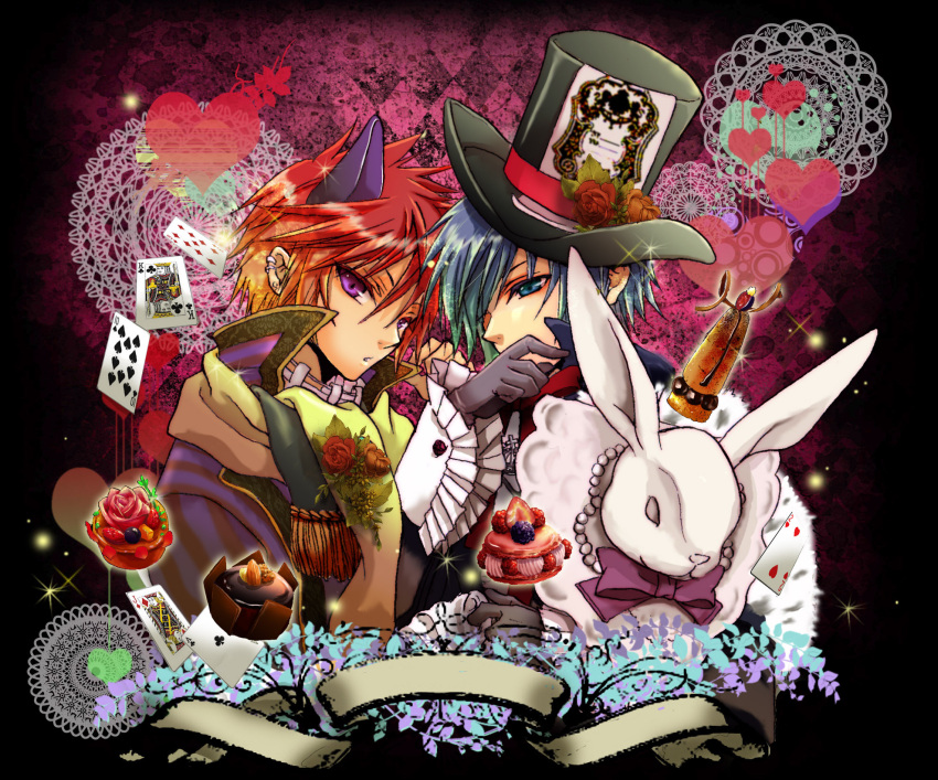 akaito animal aohoshiginshi bunny cake catboy dark flowers food hat kaito rabbit rose vocaloid