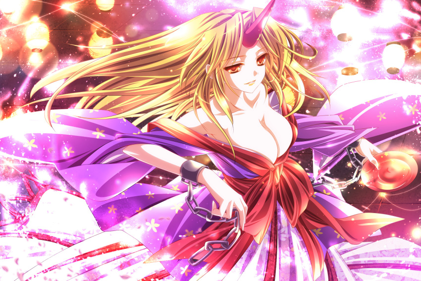 alcohol alternate_costume bare_shoulders blonde_hair breasts chains cleavage collarbone commentary_request cuffs cup female floral_print highres horns hoshiguma_yuugi hoshiguma_yuugi_(kimono) japanese_clothes kimono lantern large_breasts lips long_hair monety off_shoulder paper_lantern parted_lips photoshop_(medium) red_eyes sakazuki sake shackles single_horn solo touhou very_long_hair