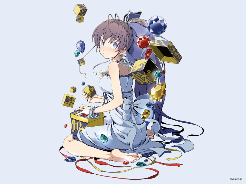 aka_ringo antenna_hair bare_shoulders barefoot black_hair blue_eyes blue_hair box bracelet dress feet female floating floating_object gem gradient_hair jewelry long_hair looking_back multicolored_hair nail_polish ponytail ryuugajou_nanana ryuugajou_nanana_no_maizoukin sitting smile soles solo very_long_hair wariza