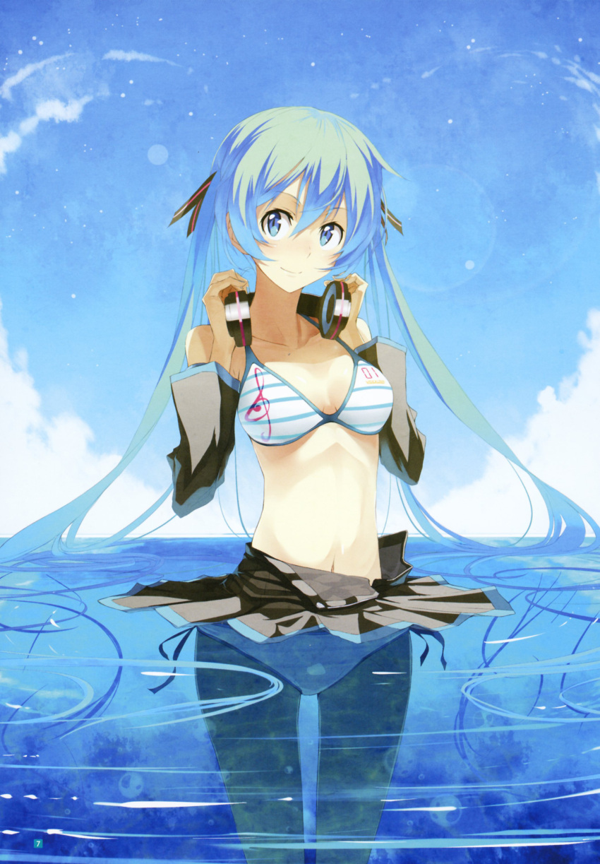 absurdres aqua_eyes aqua_hair bare_shoulders bikini bikini_top_only breasts day detached_sleeves female hair_ribbon hatsune_miku headphones headphones_around_neck highres kasuga_ayumu_(haruhipo) long_hair looking_at_viewer medium_breasts midriff navel photoshop_(medium) print_bikini ribbon skirt smile solo striped_bikini striped_clothes swimsuit thigh_gap treble_clef twintails very_long_hair vocaloid wading water wide_hips