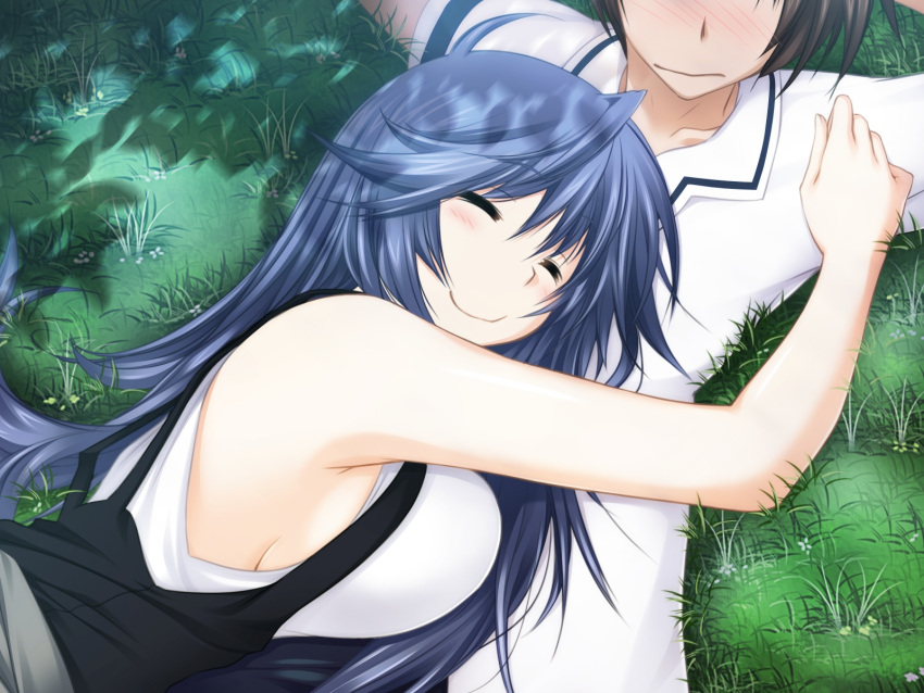 1boy blue_hair blush breasts closed_eyes female game_cg highres itagaki_tatsuko long_hair maji_de_watashi_ni_koi_shinasai! naoe_yamato outdoors sleeping smile