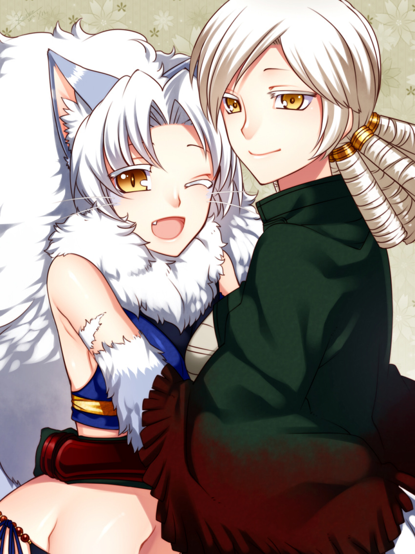 1boy animal_ears borrowed_character commentary_request female highres konshin midriff navel noroshi_(konshin) oerba_yun_fang one_eye_closed pixiv_fantasia pixiv_fantasia_3 ruku_baku whiskers white_hair yellow_eyes