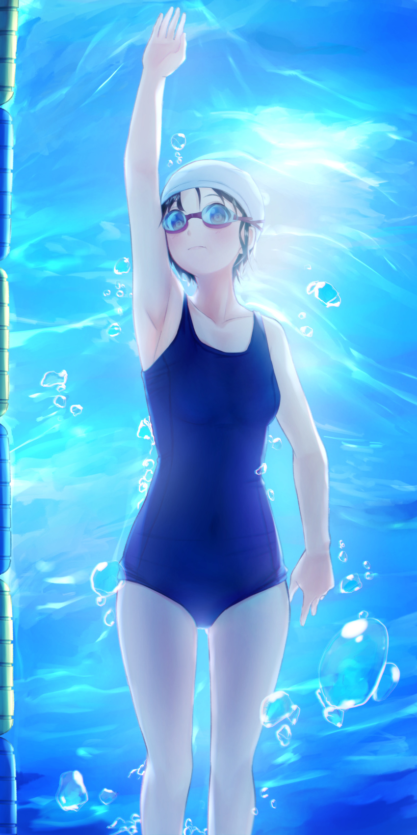 200f_(nifu) absurdres air_bubble arm_up armpits ass_visible_through_thighs backlighting blue_one-piece_swimsuit blush breasts brown_eyes bubble chromatic_aberration closed_mouth collarbone commentary_request covered_navel female from_below goggles goggles_on_eyes highres lane_line looking_at_viewer new_school_swimsuit one-piece_swimsuit original pool school_swimsuit short_hair small_breasts solo submerged sunlight swim_cap swimming swimsuit underwater water