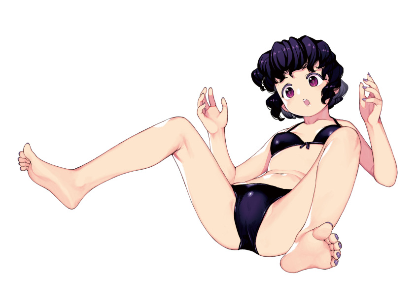 aged_down ass barefoot bikini breasts feet female hamada_yoshikazu highres kagami_kanaka nail_polish navel open_mouth purple_bikini purple_eyes purple_hair purple_nails short_hair simple_background soles solo spread_legs swimsuit teeth toenail_polish toenails toes tsugumomo white_background