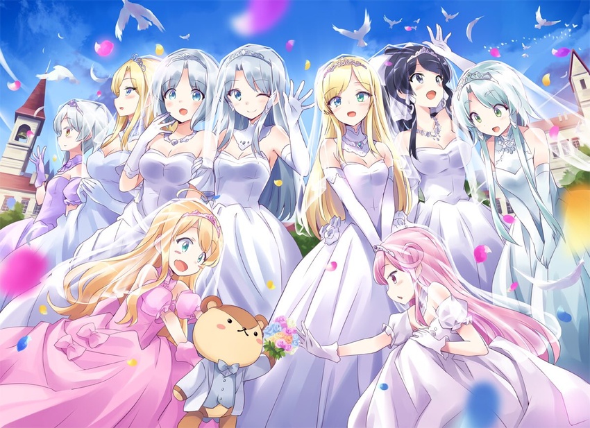 6+girls black_hair blonde_hair blue_eyes blush breasts bridal_veil bride church dress else_shileska elze_silhoueska gloves hair_ornament hildegard_minas_restia isekai_wa_smartphone_to_tomo_ni. kokonoe_yae leen_(isekai_wa_smartphone_to_tomo_ni.) linse_shileska long_hair looking_at_viewer lucia_rea_regulus multiple_girls open_mouth paula_(isekai_wa_smartphone_to_tomo_ni.) pink_dress skirt smile soucie_elnea_ortlinde tiara usatsuka_eiji veil wedding wedding_dress white_dress white_gloves yumina_elnea_belfast