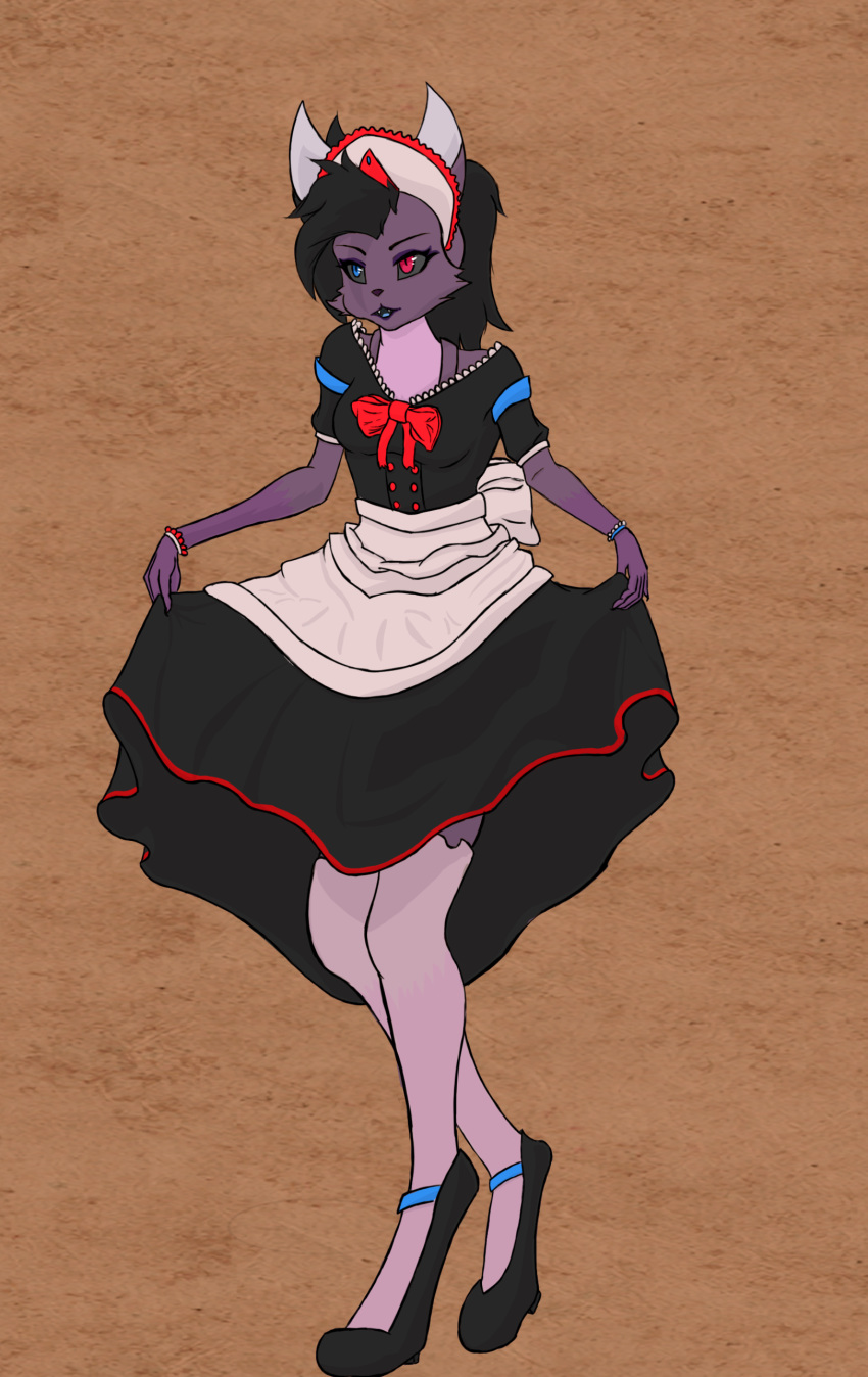 absurd_res anthro bat black_hair blue_eyes clothed clothing eyebrows fangs female fur hair heterochromia hi_res legwear maid_uniform mammal midnighthowlart purple_body purple_fur purple_skin red_eyes solo stockings teeth uniform upset