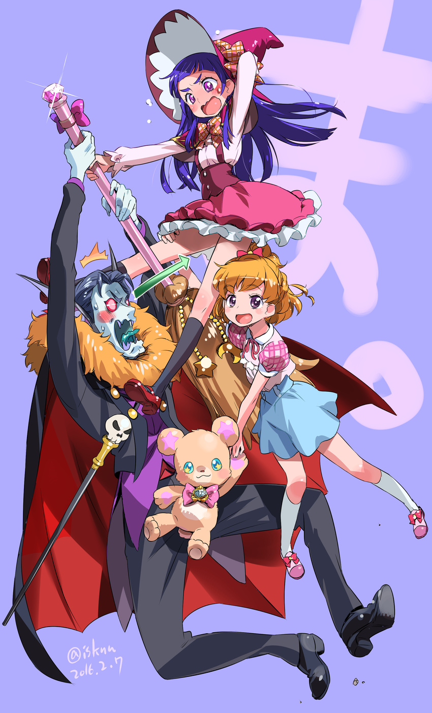 1boy 2girls absurdres asahina_mirai batty_(mahou_girls_precure!) blonde_hair blue_background blue_shorts blush bow broom commentary_request hat highres implied_pantyshot isedaichi_ken izayoi_liko long_hair magic_school_uniform mahou_girls_precure! mofurun_(mahou_girls_precure!) multiple_girls open_mouth pervert pink_bow pink_hat precure purple_eyes purple_hair school_uniform shorts star_(symbol) star_in_eye symbol_in_eye witch_hat