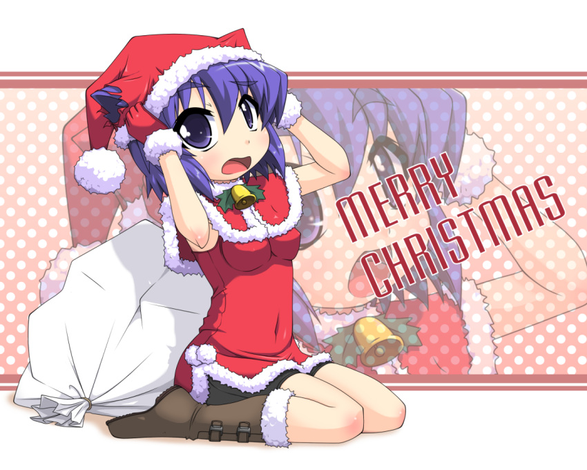 arms_up blush bobblehat breasts christmas commentary_request covered_navel female full_body fur_trim green_eyes hat holly k10k looking_at_viewer medium_breasts merry_christmas pani_poni_dash! sack santa_costume santa_hat serizawa_akane short_hair sitting solo wariza