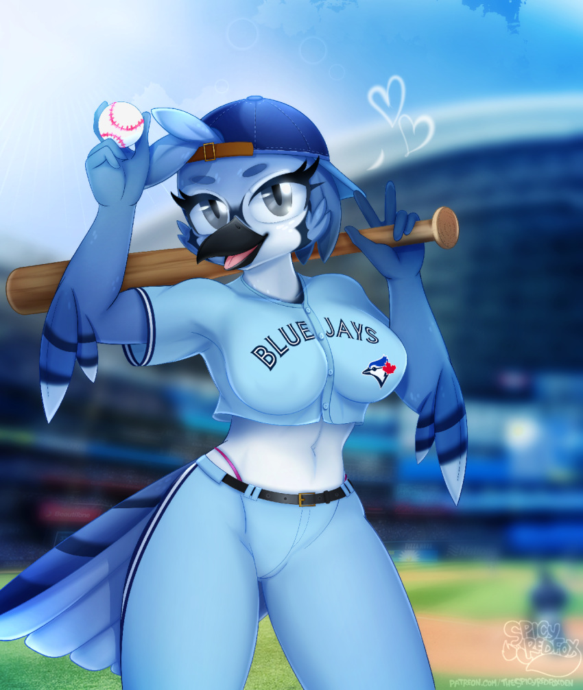 ace_(toronto_blue_jays) anthro avian backwards_baseball_cap backwards_hat baseball_(sport) baseball_bat baseball_cap baseball_uniform bat_(object) bird blue_jay breasts clothing corvid english_text female g-string hat headgear headwear hi_res jay_(bird) mlb new_world_jay non-mammal_breasts oscine passerine rule_63 shirt solo spicyredfox sport sportswear text text_on_clothing text_on_shirt text_on_topwear topwear toronto_blue_jays underwear uniform