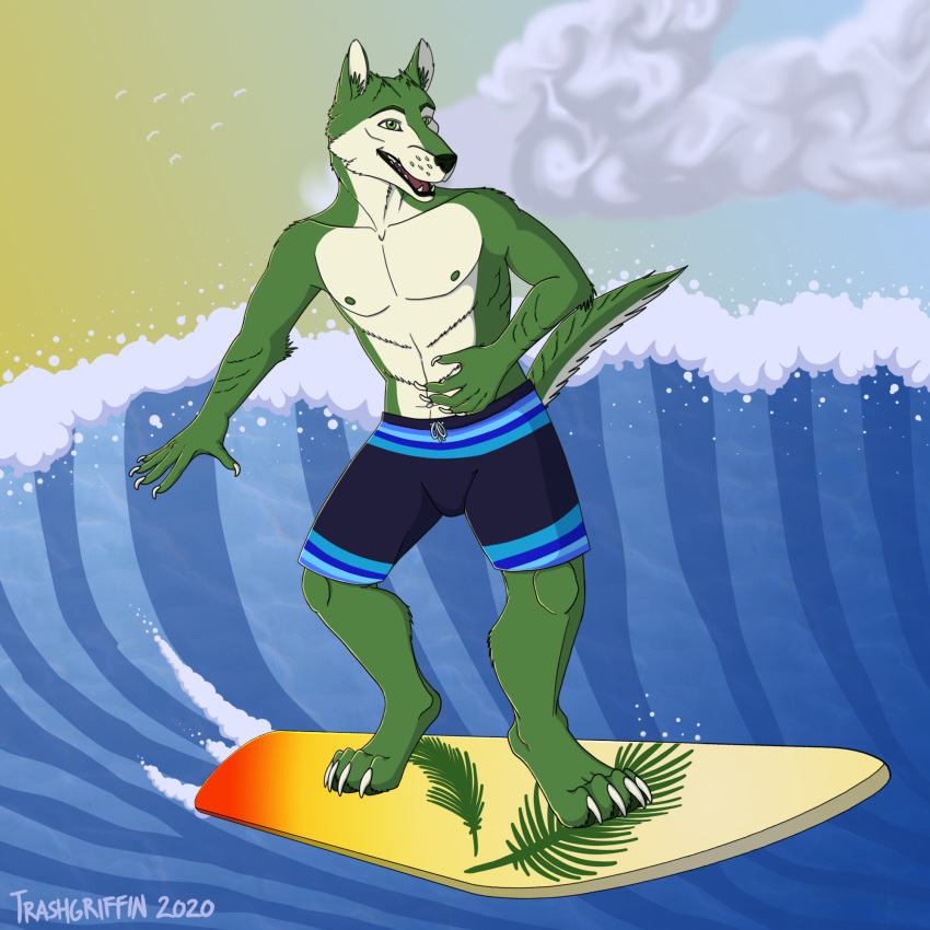 1:1 2020 4_toes 5_fingers anthro canid canine canis claws clothed clothing feet fingers fur green_body green_eyes green_fur green_nipples greeny_(odisaodi) hi_res male mammal multicolored_body multicolored_fur muscular muscular_anthro muscular_male nipples sea short_fur solo surfboard surfer surfing swimming_trunks swimwear toe_claws toes topless trashgriffin two_tone_body two_tone_fur vehicle water watercraft wave wolf