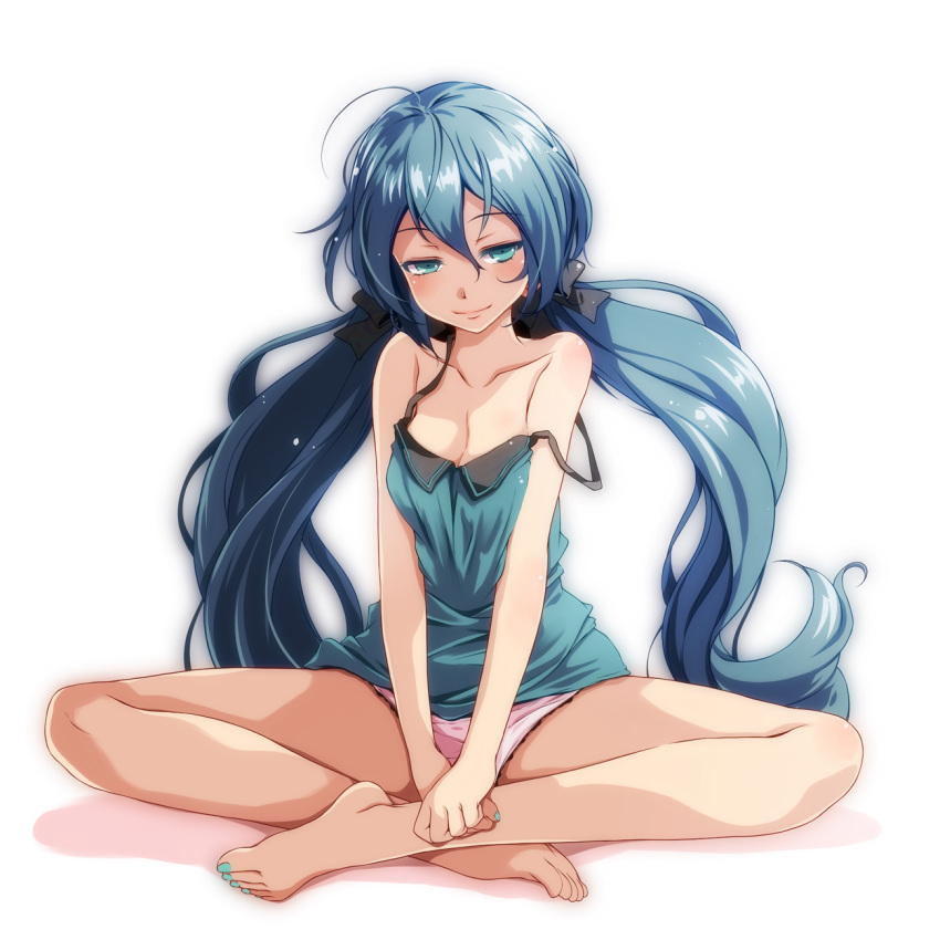 ahoge aqua_eyes aqua_hair bare_arms bare_legs bare_shoulders barefoot black_ribbon blue_hair breasts camisole cleavage closed_mouth collarbone commentary female full_body green_ponpoko_(module) hair_ribbon half-closed_eyes hatsune_miku highres indian_style long_hair nail_polish naughty_face panties photoshop_(medium) pink_panties project_diva_(series) ribbon simple_background sitting small_breasts smile solo strap_slip toenail_polish toenails tsukishiro_saika twintails underwear very_long_hair vocaloid white_background