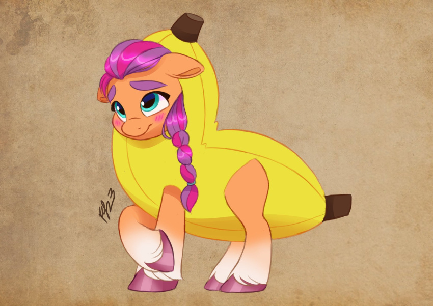 banana banana_costume clothing costume equid equine female feral food food_costume fruit haruh_ink hasbro hi_res horse mammal mlp_g5 my_little_pony plant pony solo sunny_starscout_(mlp)