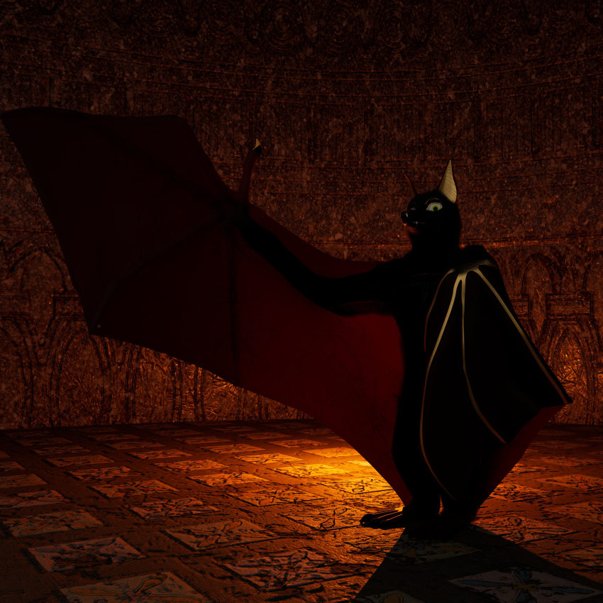 1:1 3d_(artwork) absurd_res akaifox anthro anubat_(akaifox) anubian anubis backlighting bat biped black_body black_fur carving claws deity digital_media_(artwork) egyptian egyptian_mythology floor fur hi_res intimidation light lighting looking_at_viewer male mammal megabat membrane_(anatomy) membranous_wings middle_eastern_mythology mythology nude plantigrade realistic_wings snaggle_tooth solo subsurface_scattering tile tile_floor wings yellow_eyes