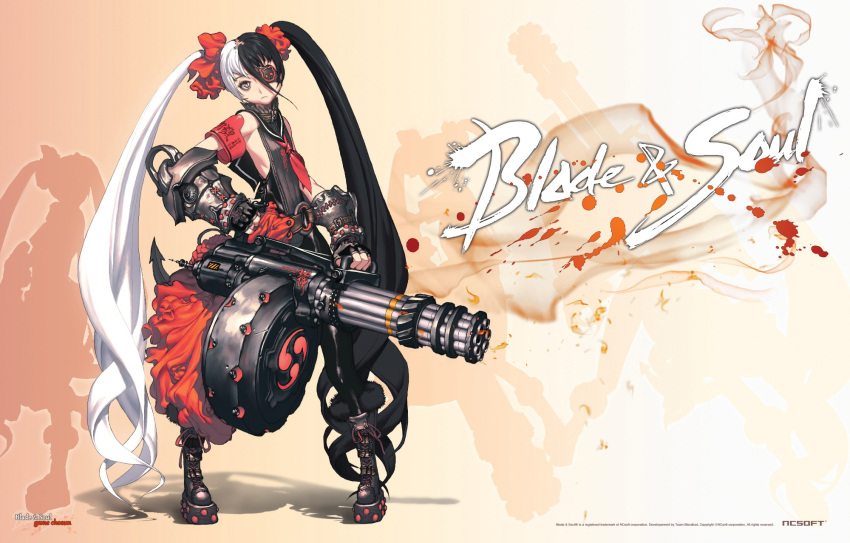 asymmetrical_clothes blade_&_soul boots copyright_name cross-laced_footwear female female flat_chest gun highres hyung_tae_kim kim_hyung_tae lace-up_boots multicolored_hair ncsoft platform_footwear po_hwa_ran pohwaran solo twintails two-tone_hair weapon