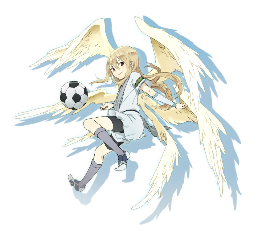 1boy afuro_terumi ball bike_shorts catgirl0926 commentary_request highres inazuma_eleven inazuma_eleven_(series) long_hair looking_at_viewer male_focus multiple_wings seraph simple_background smile soccer_ball solo telstar white_background wings zeus_(inazuma_eleven)