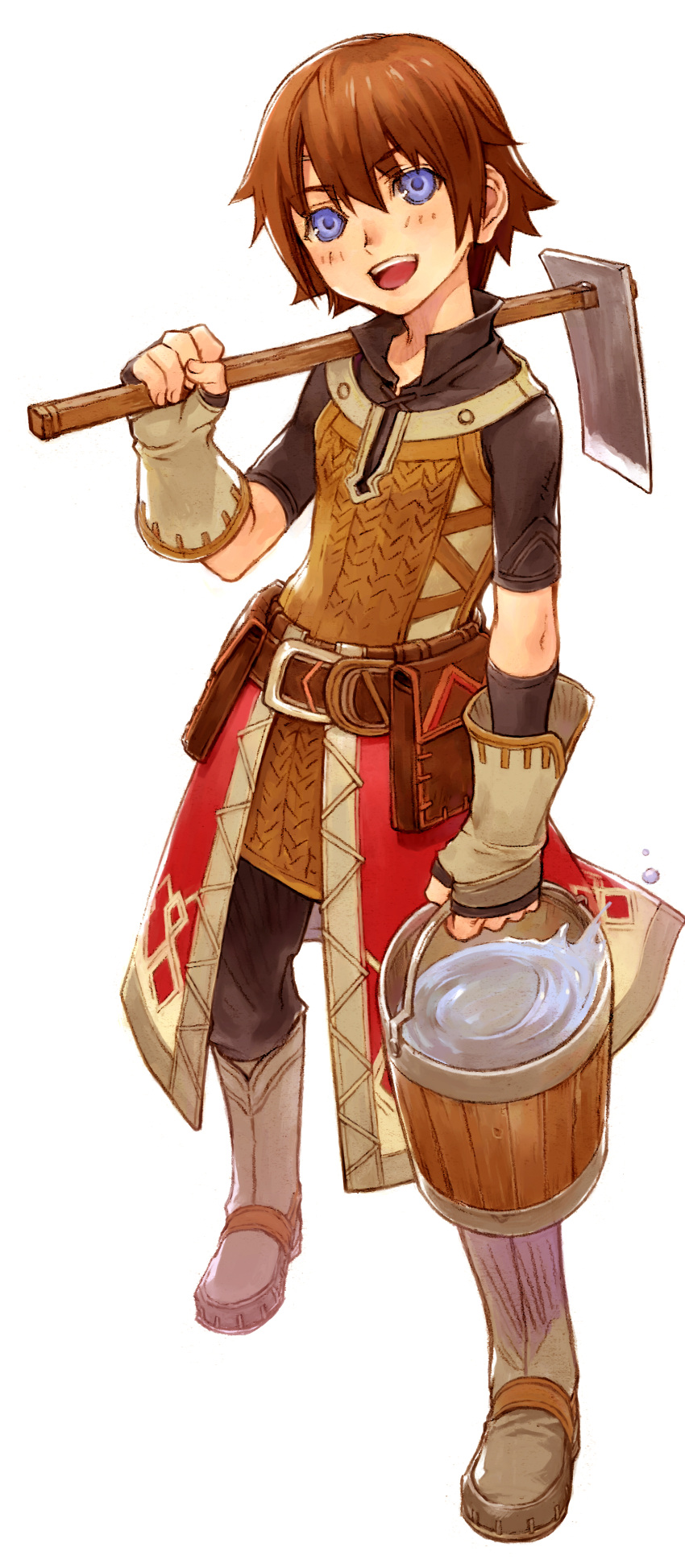 1boy :d absurdres androgynous blue_eyes boots brown_hair bucket bucket_of_water fingerless_gloves full_body gloves highres hoe holding iwasaki_minako male_focus open_mouth raguna rune_factory rune_factory_frontier simple_background smile solo white_background