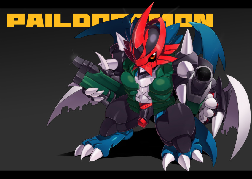 armor brown_eyes character_name chibi claws commentary_request digimon digimon_(creature) digimon_adventure_02 gun letterboxed no_humans paildramon shadow solo spikes weapon wings wokashiya