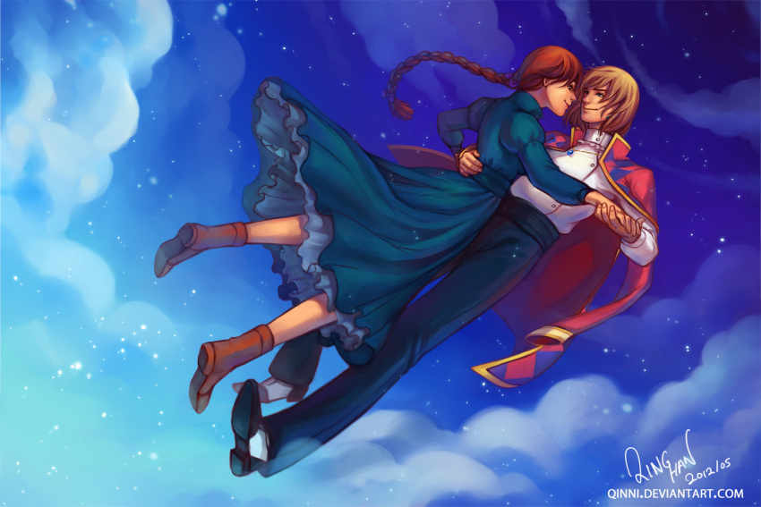 1boy bad_id bad_pixiv_id blonde_hair blue_dress boots braid brown_hair couple dated day dress female floating hat high-waist_pants holding_hands howl_(howl_no_ugoku_shiro) howl_no_ugoku_shiro jewelry necklace pants photoshop_(medium) qinni shoes signature single_braid sky sophie_(howl_no_ugoku_shiro) star_(sky) starry_sky straight watermark web_address