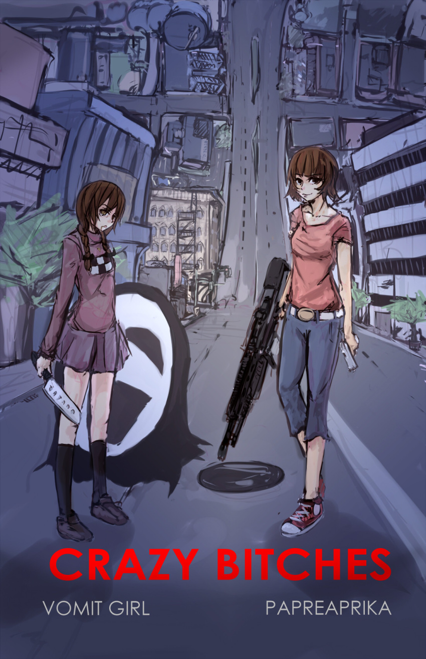 2girls bad_id braid brown_eyes brown_hair cityscape converse crossover dual_wielding gun handgun heavy_machine_gun highres holding inception knife machine_gun madotsuki multiple_girls panties_(pantsu-pirate) paprika paprika_(character) parody shoes short_hair skirt sneakers socks sweater twin_braids uboa vomit weapon yume_nikki