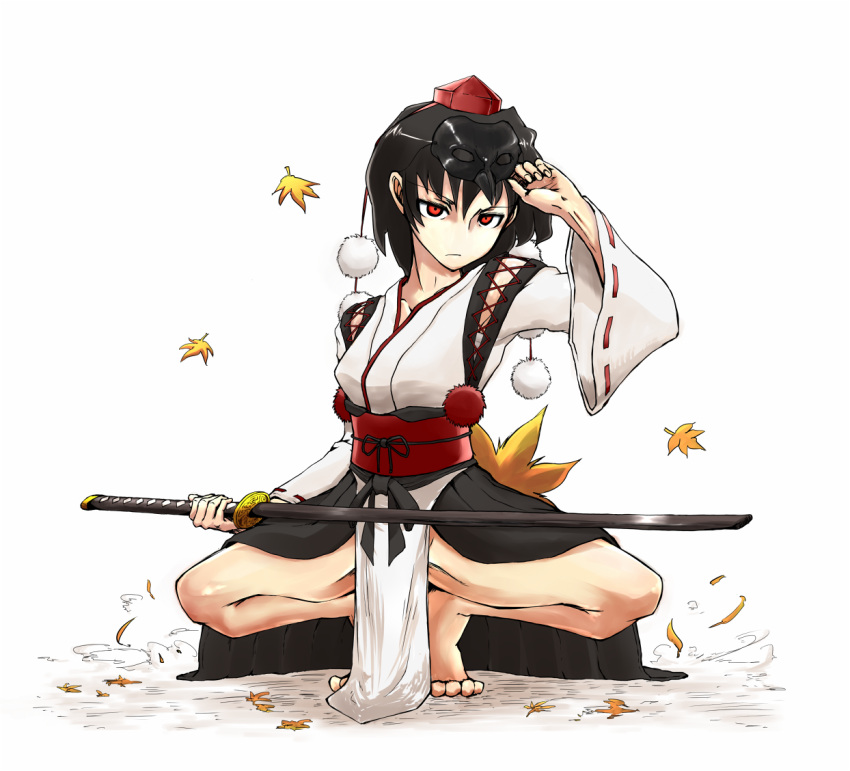 alternate_costume barefoot black_hair commentary_request female hat keta_(psychetangle) kourindou_tengu_costume looking_at_viewer mask red_eyes scabbard shameimaru_aya sheath sheathed solo squatting sword tokin_hat touhou weapon