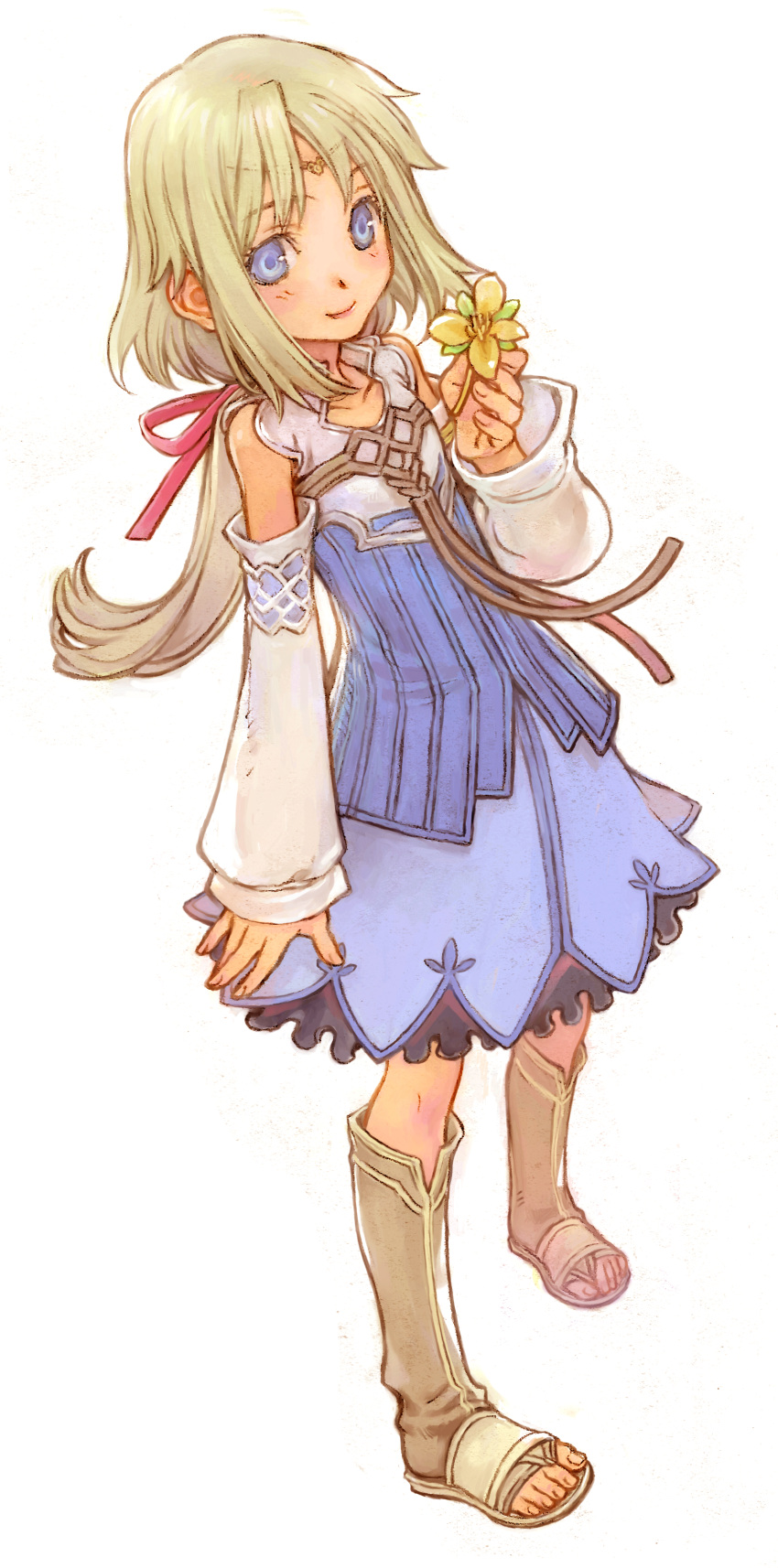 absurdres bare_shoulders blonde_hair blue_eyes detached_sleeves female flower highres holding holding_flower iwasaki_minako long_hair mist_(rune_factory) rune_factory rune_factory_frontier simple_background skirt smile solo white_background