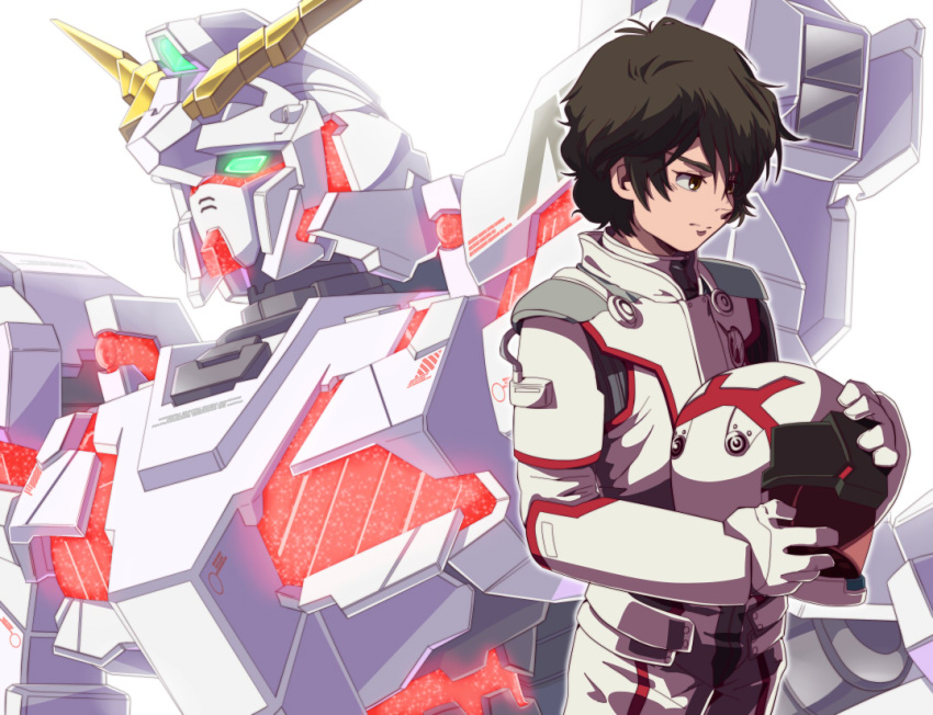 1boy bad_id bad_pixiv_id banagher_links brown_eyes brown_hair gundam gundam_unicorn helmet male_focus mecha nt-d pilot_suit robot solo suteito unicorn_gundam unworn_headwear unworn_helmet