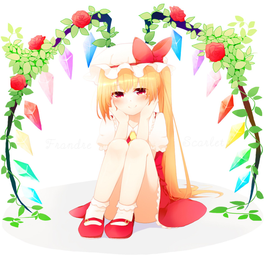 ascot bad_id bad_pixiv_id blonde_hair blouse blush bobby_socks character_name commentary_request female flandre_scarlet flower full_body hands_on_own_cheeks hands_on_own_face hat hat_ribbon head_rest highres leaf looking_at_viewer mary_janes milk_(mmm-g) plant red_eyes red_flower red_rose ribbon rose shadow shirt shoes short_hair short_sleeves side_ponytail sitting skirt smile socks solo touhou vest vines white_background white_socks wings