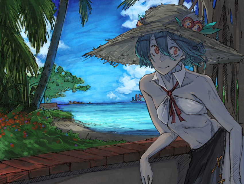 alternate_costume alternate_hair_length alternate_hairstyle alternate_headwear bare_shoulders blue_hair cloud commentary_request day female flat_chest hair_between_eyes hat highres hinanawi_tenshi nature navel ocean orange_eyes outdoors palm_tree photoshop_(medium) short_hair sky solo straw_hat toro3 touhou tree