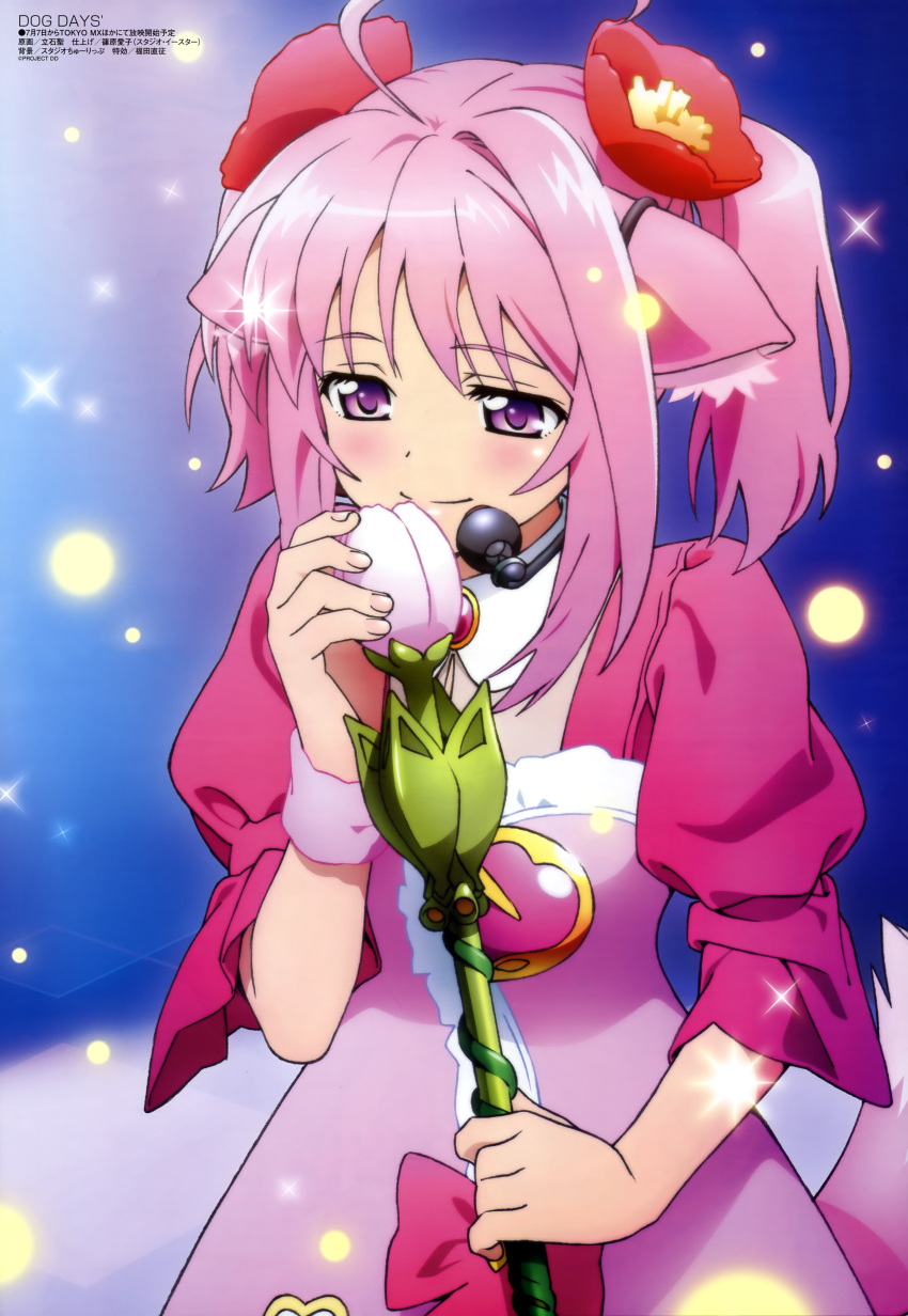 absurdres ahoge animal_ears blush bow brooch cable detached_collar dog_days dog_ears dog_girl dog_tail dress female flower gem hair_flower hair_intakes hair_ornament headset heart highres holding jewelry light_particles looking_down megami_magazine microphone microphone_stand millhiore_f._biscotti official_art pink_hair purple_eyes scan shiwasu_takashi short_twintails sidelocks smile solo sparkle standing tail tateishi_kiyoshi tulip twintails wristband