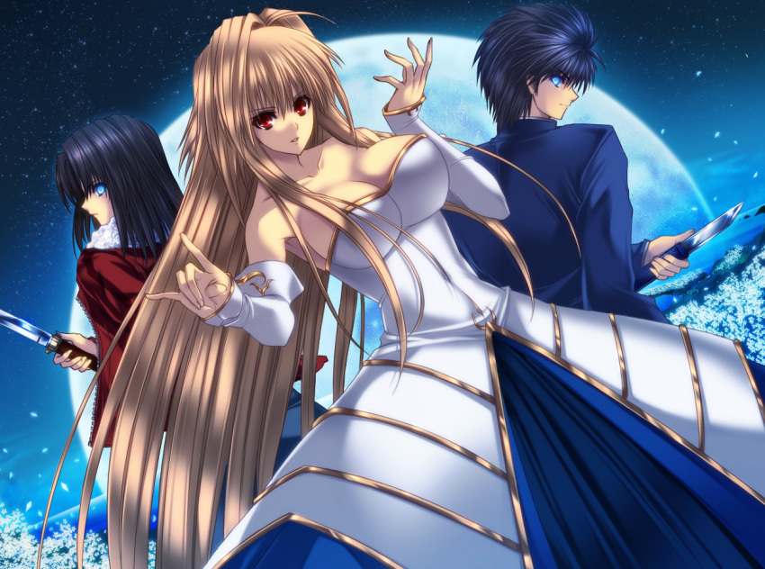 1boy 2girls ahoge archetype_earth arcueid_brunestud bad_id bad_pixiv_id bare_shoulders black_hair blonde_hair blue_eyes breasts company_connection crossover detached_sleeves dress full_moon glowing glowing_eyes jacket juri_(shiningred) kara_no_kyoukai knife large_breasts long_hair moon multiple_girls mystic_eyes_of_death_perception nanatsu-yoru nanaya_shiki night photoshop_(medium) red_eyes red_jacket ryougi_shiki satsujinki school_uniform short_hair strapless strapless_dress tohno_shiki tsukihime type-moon very_long_hair