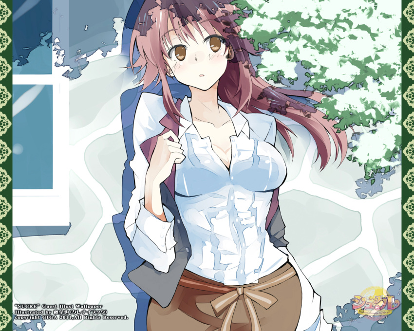 aki_masanari breasts brown_eyes cleavage dress_shirt female isuzu_sayoko long_hair medium_breasts open_clothes parted_lips photoshop_(medium) red_hair shirt solo sucre unbuttoned vest