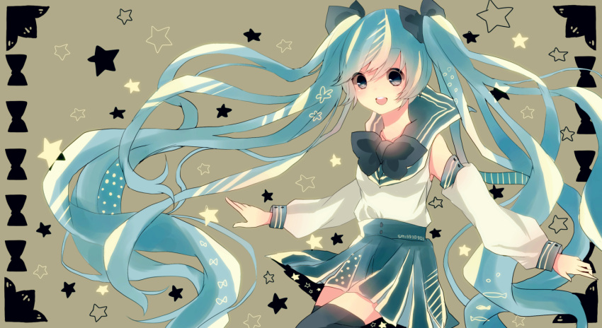 aqua_eyes aqua_hair bad_id bad_pixiv_id detached_sleeves female hatsune_miku kusamoto_sora long_hair open_mouth school_uniform serafuku skirt solo star_(symbol) thighhighs twintails very_long_hair vocaloid