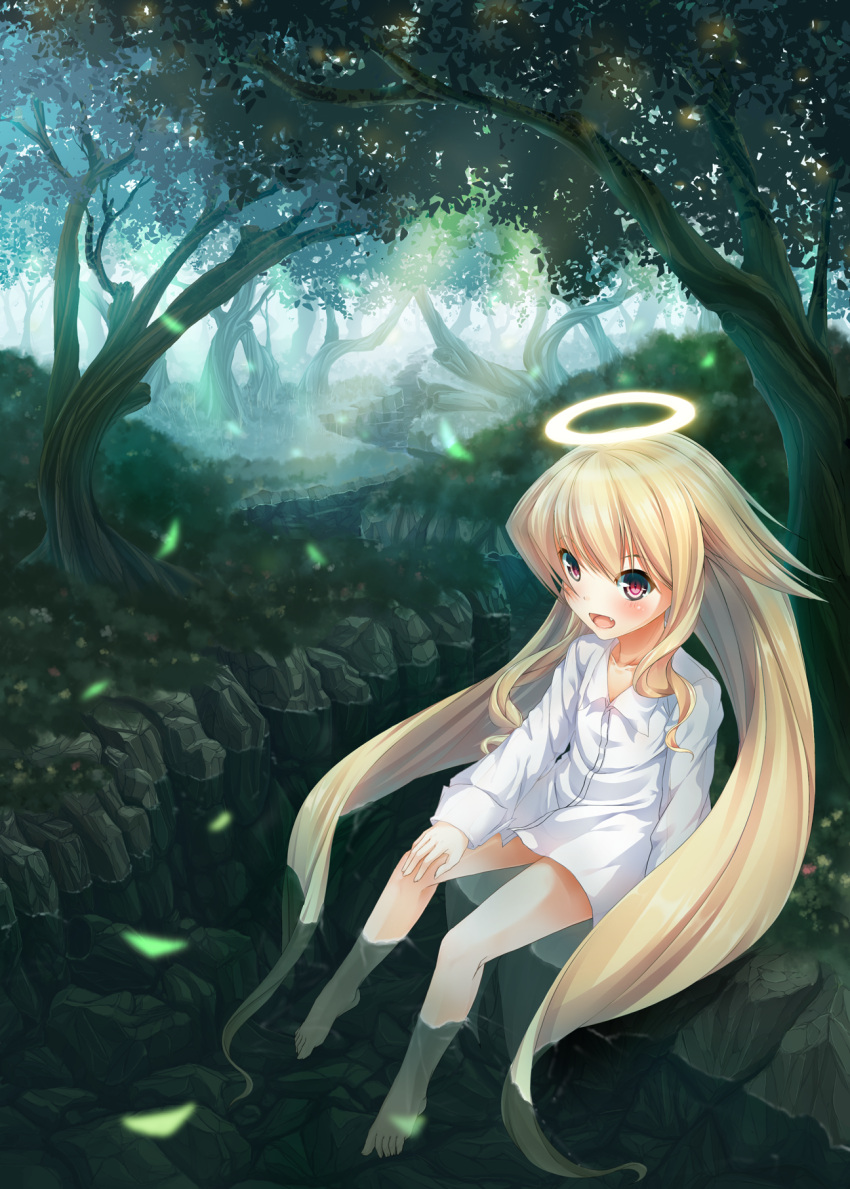 angel angelia_avallone arcana_heart bad_id bad_pixiv_id barefoot blonde_hair blush dress_shirt female forest halo highres leaf long_hair nature oerba_yun_fang open_mouth re:n_ne red_eyes shirt sitting slit_pupils smile soaking_feet solo stream tree very_long_hair water