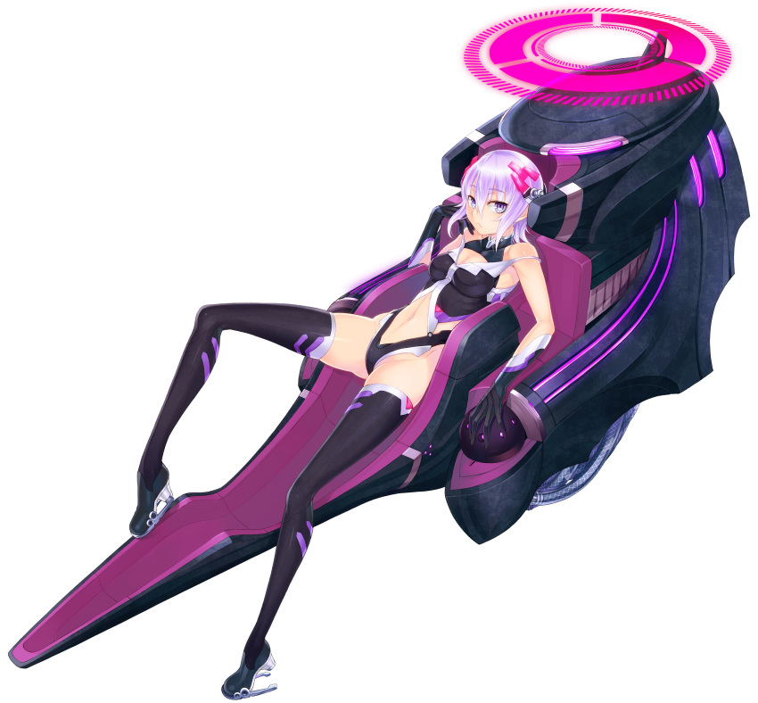 ayaki bad_id bad_pixiv_id bare_shoulders black_gloves black_thighhighs bodysuit boots breasts cleavage cockpit female gloves halterneck headgear high_heels highres legs leotard long_legs lying medium_breasts navel original purple_eyes purple_hair shoes short_hair solo spread_legs strap_slip thigh_boots thighhighs thighs