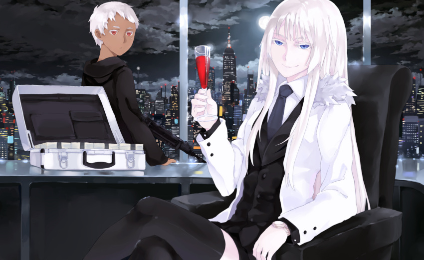 1boy alcohol bad_id bad_pixiv_id blue_eyes crossed_legs cup dark-skinned_male dark_skin drinking_glass female gun hao_(patinnko) highres johnathan_mar jormungand_(manga) koko_hekmatyar long_hair money photoshop_(medium) red_eyes sitting smile suitcase weapon white_hair wine wine_glass